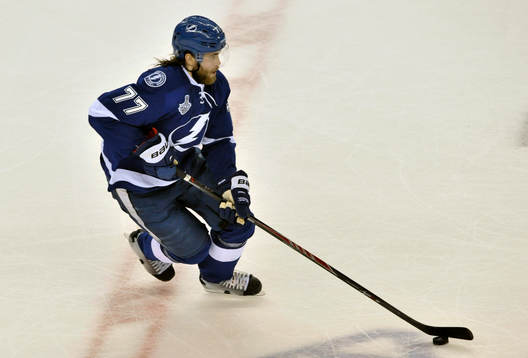 The Lightning's Victor Hedman moves the puck through the