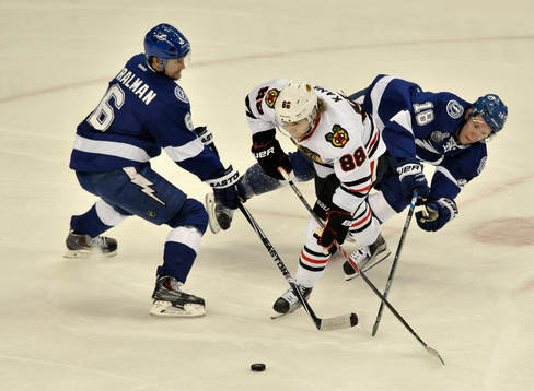The Lightning's Anton Strålman (6) and Ondrej Palat (18)
