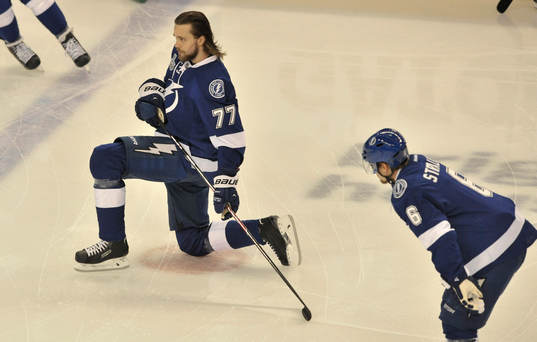 The Lightning's Victor Hedman (77) and Anton Strålman (6)