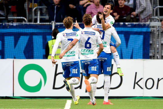 Norrköpings Nikola Tkalcic och Emir Kujovic jublar
