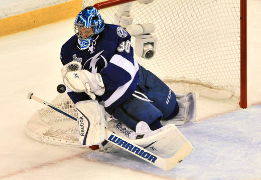 Lightning goalie Ben Bishop stops a shot