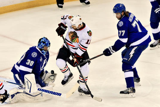 Lightning goalie Ben Bishop (30) stops a shot by Blackhawks