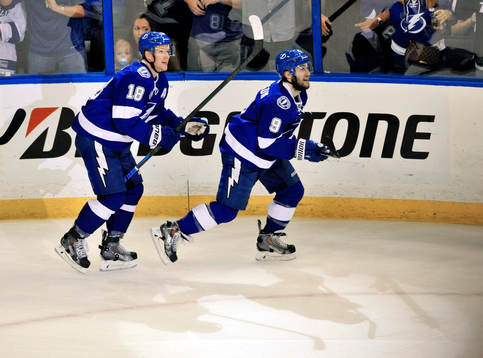 The Lightning's Tyler Johnson (9) and Ondrej Palat (18)