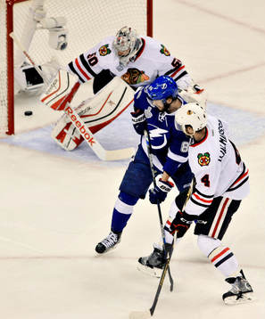The Lightning's Mark Barbiero (8) scores