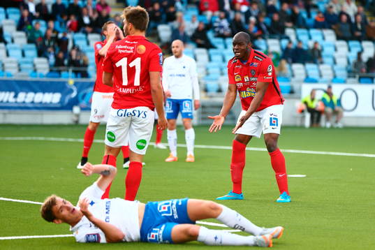 Falkenbergs Hakeem Araba reagerar vid Norrköpings Linus