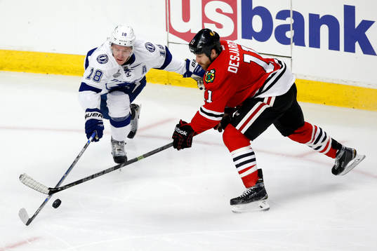 Tampa Bay Lightning left wing Ondrej Palat (18) and Chicago