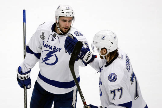 After scoring a goal Tampa Bay Lightning center Cedric