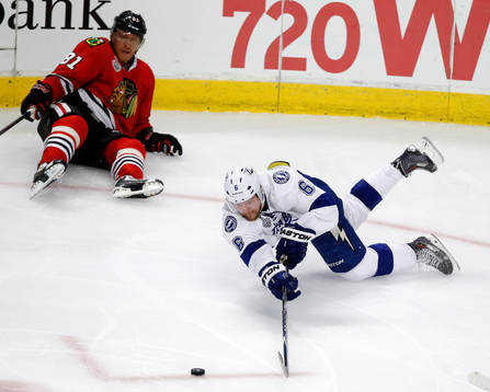 Tampa Bay Lightning defenseman Anton Strålman (6) falls to