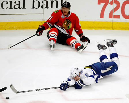 Tampa Bay Lightning defenseman Anton Strålman (6) falls to