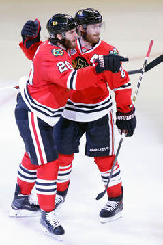 After scoring a goal Chicago Blackhawks left wing Brandon