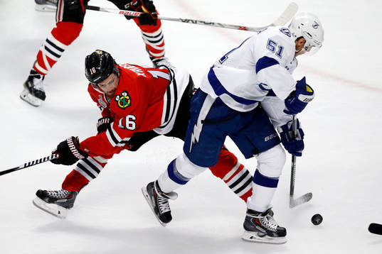 Tampa Bay Lightning center Valtteri Filppula (51) slips