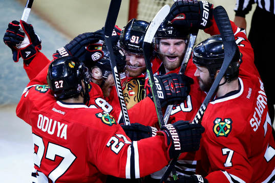 Chicago Blackhawks left wing Brandon Saad, second from