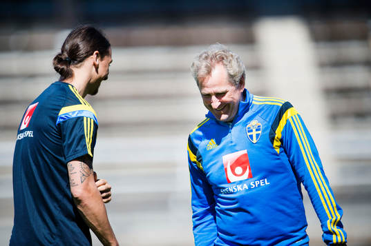 Sveriges Zlatan Ibrahimovic pratar med förbundskapten Erik