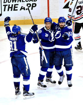 Tampa Bay's Sten Stamkos (91), Valterri Filppula (51) and