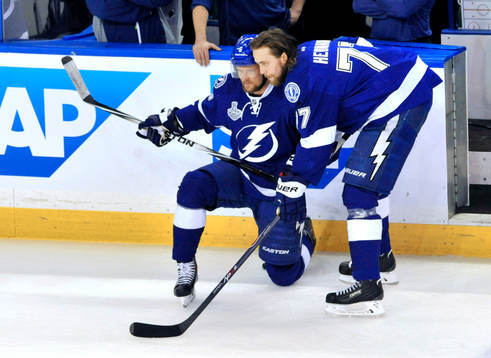 Tampa Bay defensemen Anton Stralman (6) and Victor Hedman