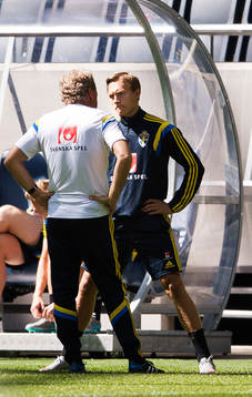 Förbundskapten Erik Hamrén i samtal med Ludwig