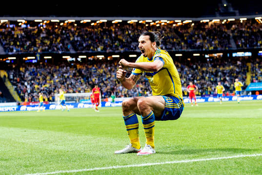 Sveriges Zlatan Ibrahimovic jublar och gör en