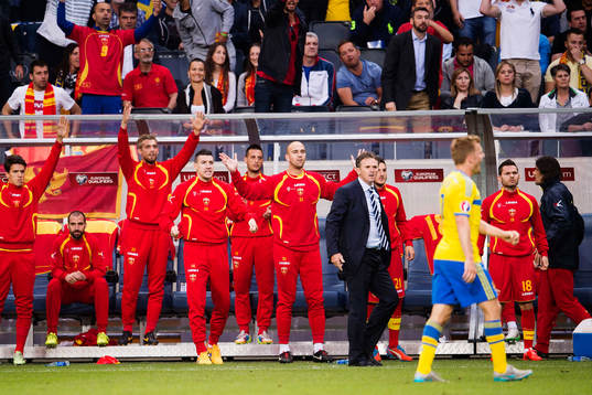 Montenegros bänk med förbundskapten Branko Brnovic