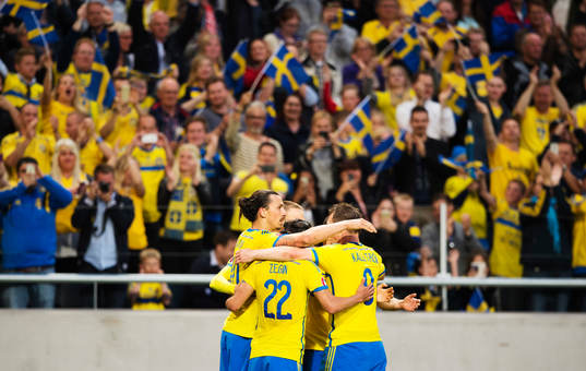Sveriges Zlatan Ibrahimovic jublar med lagkamrater