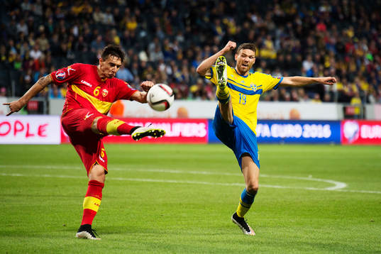Montenegros Zarko Tomasevic och Sveriges Marcus Berg