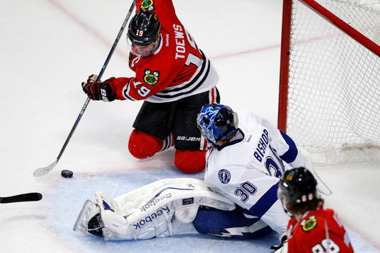Tampa Bay Lightning goalie Ben Bishop (30) defends against