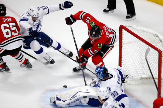 Tampa Bay Lightning goalie Ben Bishop (30) defends against
