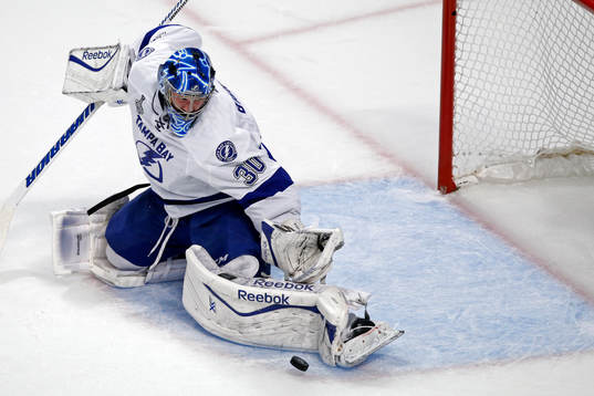 Tampa Bay Lightning goalie Ben Bishop (30) defends against
