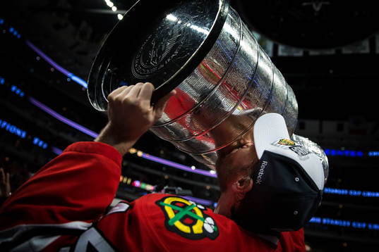 Chicago Blackhawks defenseman Kimmo Timonen (44) kisses the