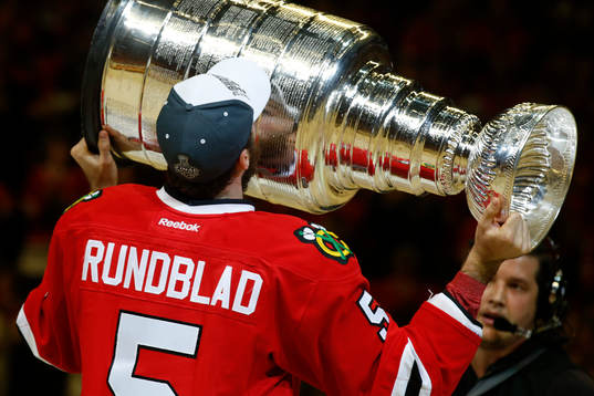 Chicago Blackhawks defenseman David Rundblad (5) kisses the