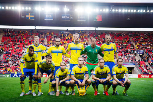 Sveriges spelare ställer upp för en lagbild övre raden