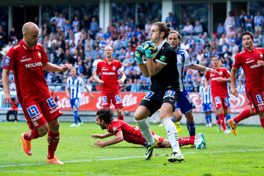 Norrköpings målvakt David Mitov Nilsson med bollen i