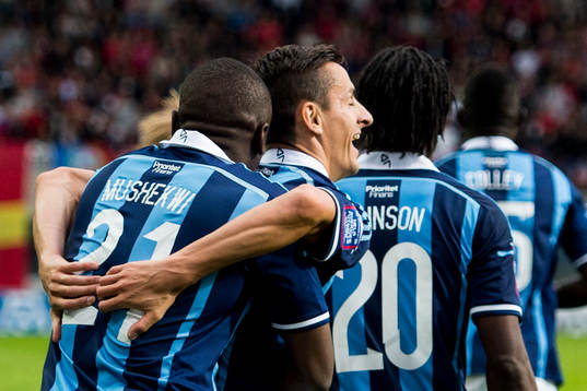Djurgårdens Nyasha Mushekwi och Haris Radetinac jublar