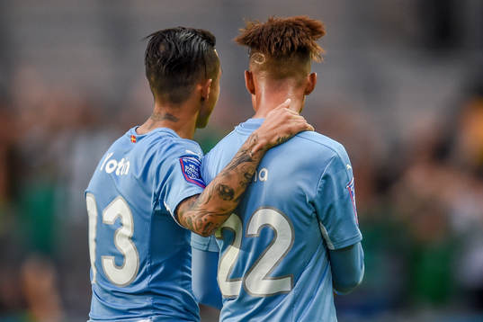 Malmö FFs Victor Yoshimar Yotun Flores och Tobias Sana