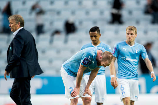 Malmö FFs Jo Inge Berget och i bakgrunden tränare Åge