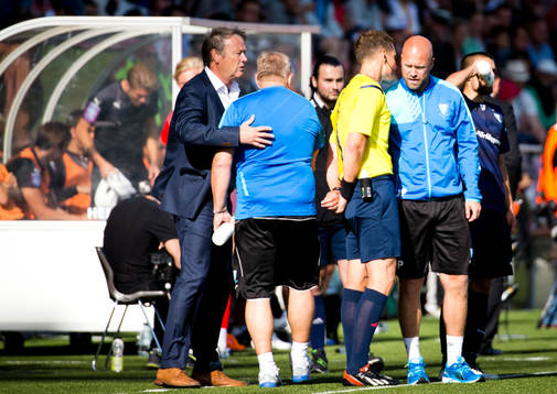 Malmö FFs tränare Åge Hareide är arg på domaren