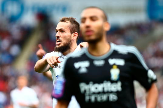 Norrköpings Emir Kujovic reagerar mot IFK Göteborgs Jakob
