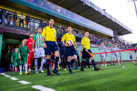 Domarna kommer ut på planen med lagen