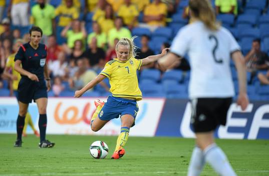 Tove Almqvist of Sweden scores her side's first goal