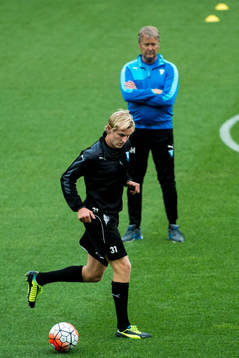 Malmö FFs Franz Brorsson och tränare Åge Hareide