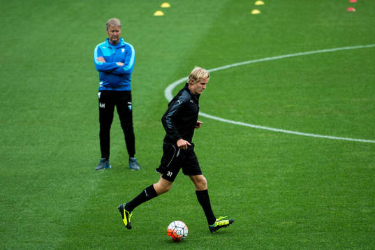 Malmö FFs Franz Brorsson och tränare Åge Hareide