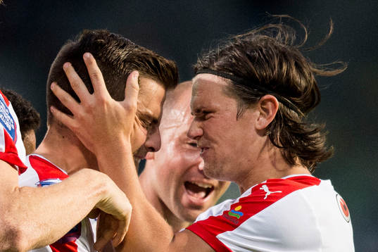 Kalmars Filip Sachpekidis och Marcus Antonsson jublar