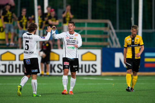 Mjällbys William Leandersson och Daniel Nilsson  jublar