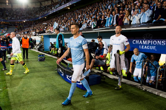 Malmö FFs Markus Rosenberg och målvakt Johan Wiland gör