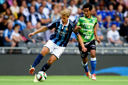 Djurgårdens Sebastian Andersson och Halmstads Antonio Rojas