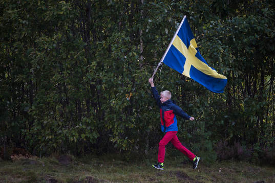 Supporter med svenska flaggan i P18-landskampen i fotboll