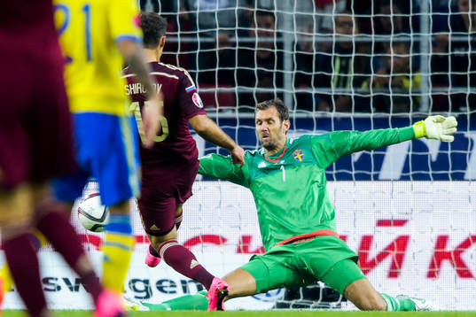 Rysslands Roman Shirokov kommer fri mot Sveriges målvakt