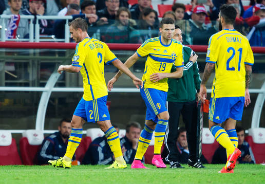 Sveriges Pierre Bengtsson, Marcus Berg och Jimmy Durmaz vid
