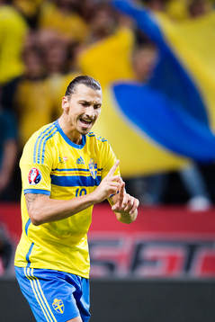 Sveriges Zlatan Ibrahimovic reagerar mot domaren