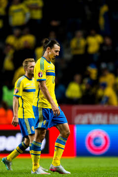 Sveriges Zlatan Ibrahimovic och Sebastian Larsson deppar