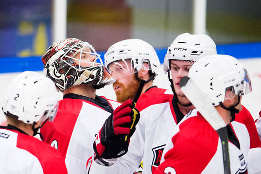 Malmö Redhawks spelare jublar med målvakt Oscar Alsenfelt